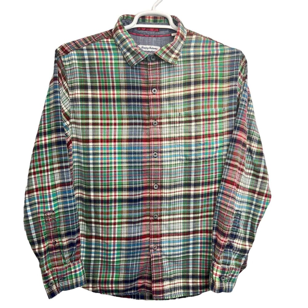 Tommy Bahama Plaid Button Down Shirt Long Sleeve Cotton Tencel Green Mens Size L